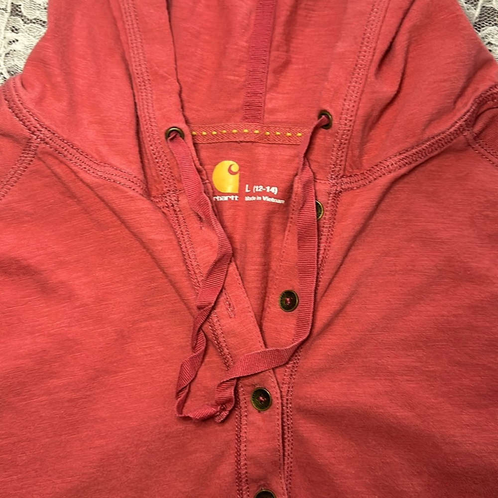 Carhartt beautiful salmon color hooded long sleeved tee 109% cotton sz lg - Picture 2 of 5